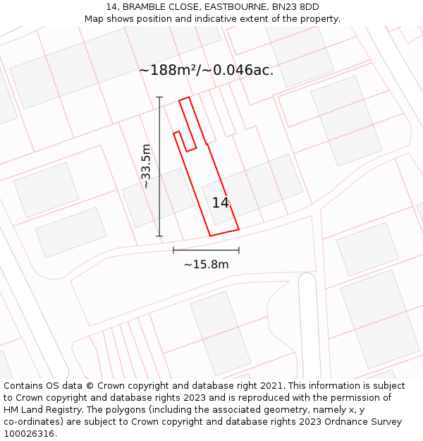 14, BRAMBLE CLOSE, EASTBOURNE, BN23 8DD: Plot and title map