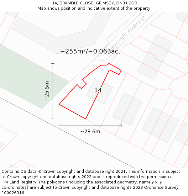14, BRAMBLE CLOSE, GRIMSBY, DN31 2DB: Plot and title map