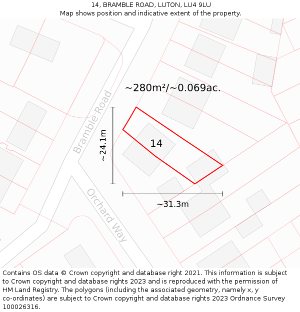 14, BRAMBLE ROAD, LUTON, LU4 9LU: Plot and title map