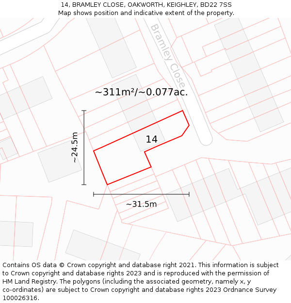 14, BRAMLEY CLOSE, OAKWORTH, KEIGHLEY, BD22 7SS: Plot and title map