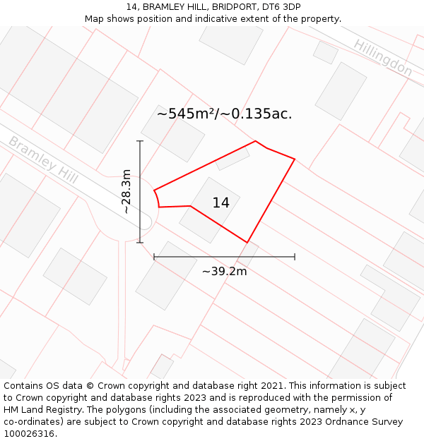 14, BRAMLEY HILL, BRIDPORT, DT6 3DP: Plot and title map