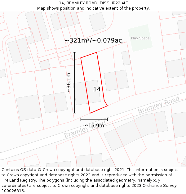 14, BRAMLEY ROAD, DISS, IP22 4LT: Plot and title map