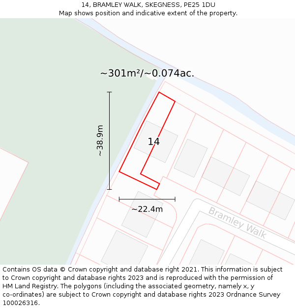 14, BRAMLEY WALK, SKEGNESS, PE25 1DU: Plot and title map