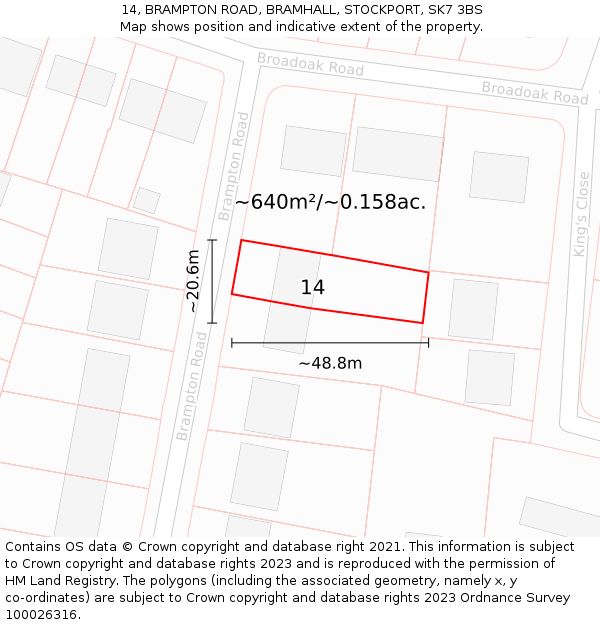 14, BRAMPTON ROAD, BRAMHALL, STOCKPORT, SK7 3BS: Plot and title map