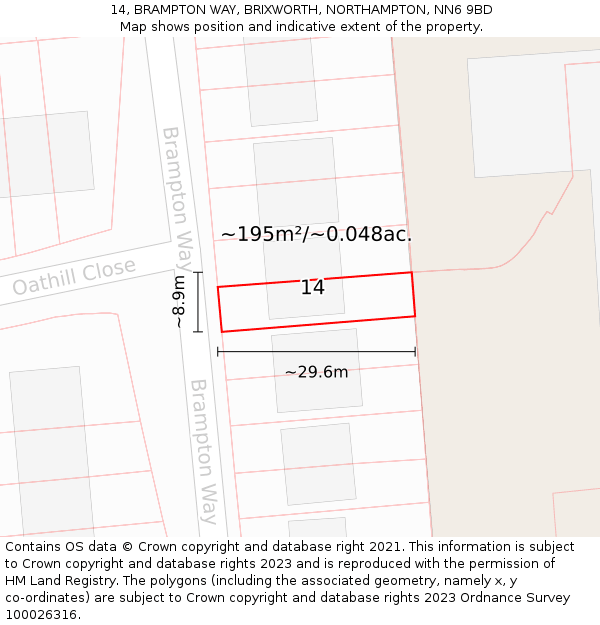14, BRAMPTON WAY, BRIXWORTH, NORTHAMPTON, NN6 9BD: Plot and title map