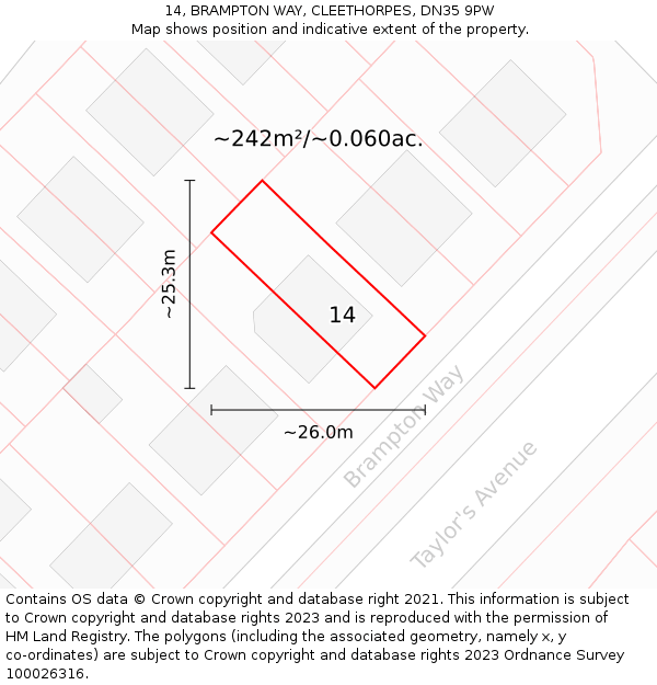 14, BRAMPTON WAY, CLEETHORPES, DN35 9PW: Plot and title map