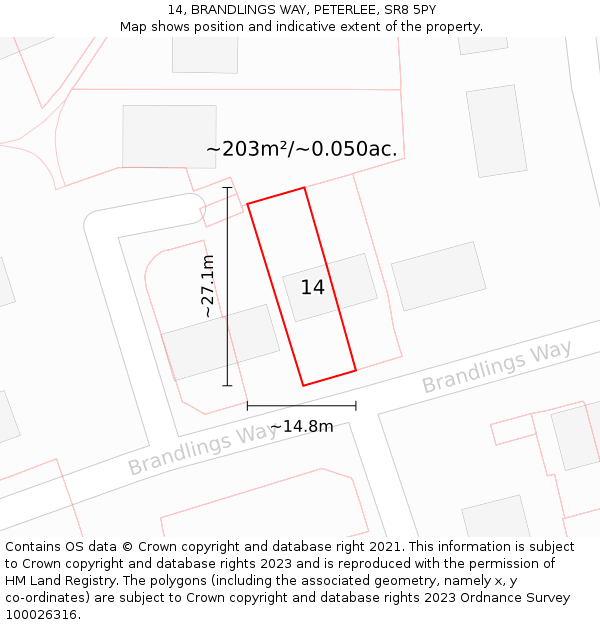 14, BRANDLINGS WAY, PETERLEE, SR8 5PY: Plot and title map