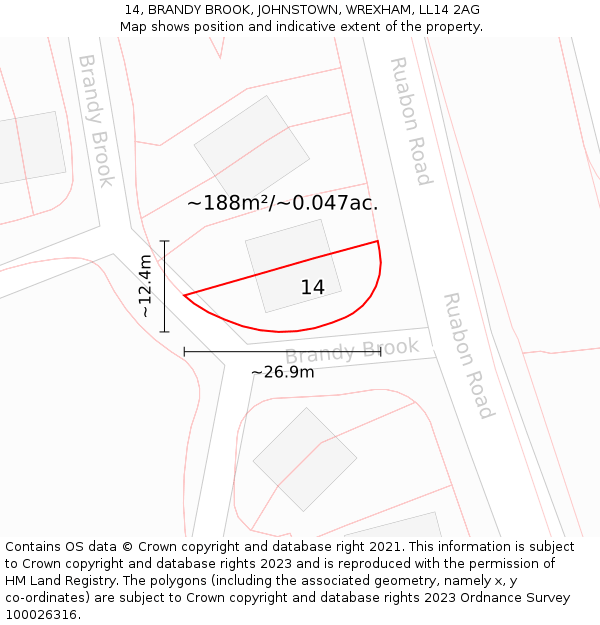 14, BRANDY BROOK, JOHNSTOWN, WREXHAM, LL14 2AG: Plot and title map