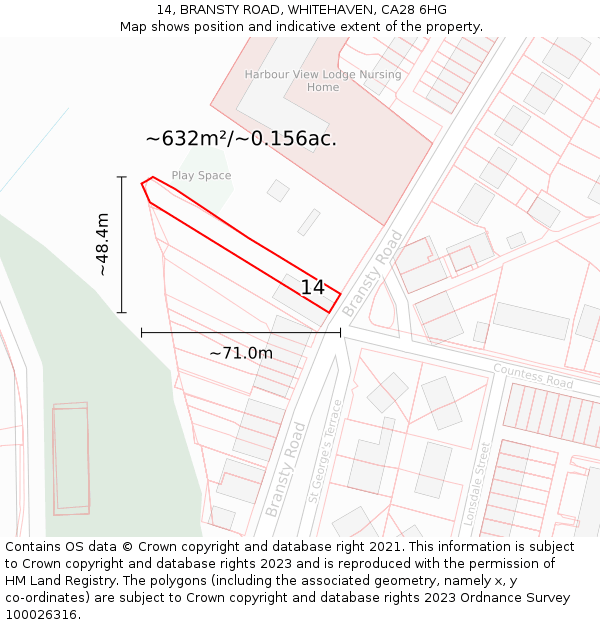 14, BRANSTY ROAD, WHITEHAVEN, CA28 6HG: Plot and title map