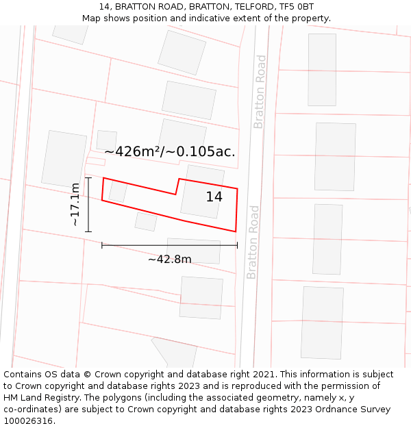 14, BRATTON ROAD, BRATTON, TELFORD, TF5 0BT: Plot and title map
