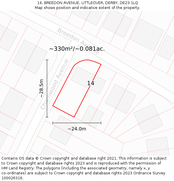 14, BREEDON AVENUE, LITTLEOVER, DERBY, DE23 1LQ: Plot and title map