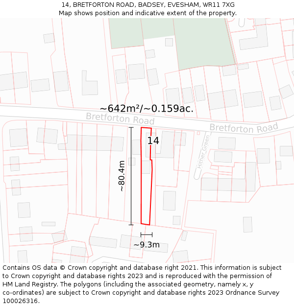 14, BRETFORTON ROAD, BADSEY, EVESHAM, WR11 7XG: Plot and title map