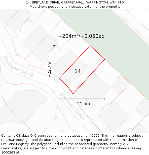 14, BRETLAND DRIVE, GRAPPENHALL, WARRINGTON, WA4 3TD: Plot and title map