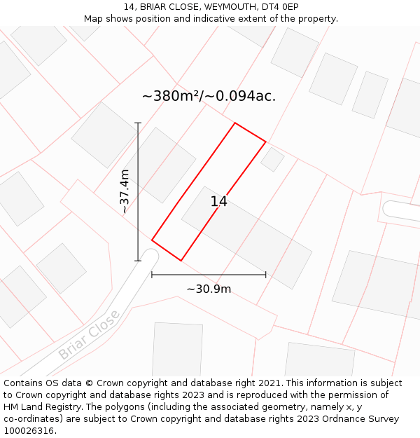 14, BRIAR CLOSE, WEYMOUTH, DT4 0EP: Plot and title map