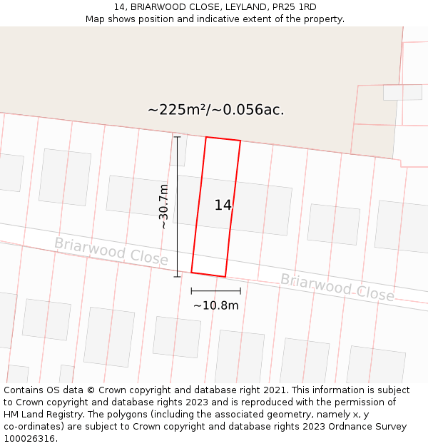 14, BRIARWOOD CLOSE, LEYLAND, PR25 1RD: Plot and title map