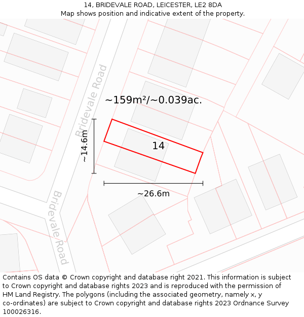 14, BRIDEVALE ROAD, LEICESTER, LE2 8DA: Plot and title map