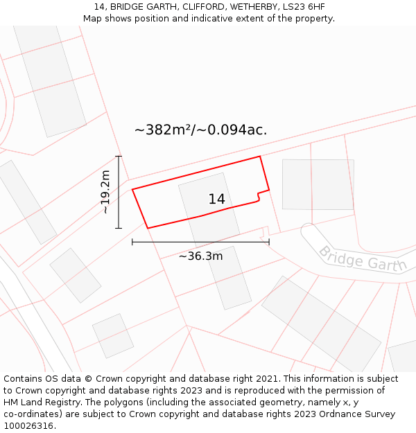 14, BRIDGE GARTH, CLIFFORD, WETHERBY, LS23 6HF: Plot and title map
