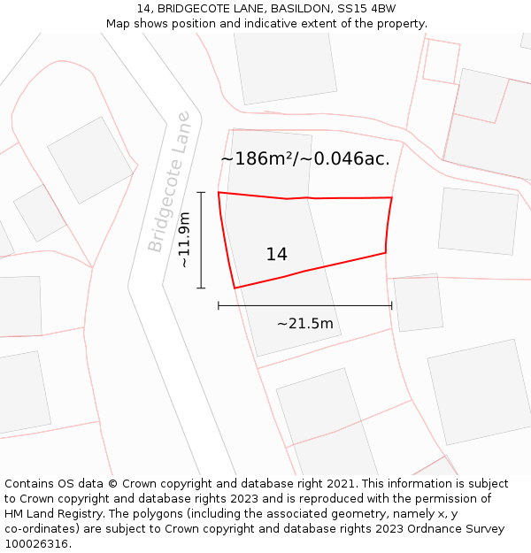 14, BRIDGECOTE LANE, BASILDON, SS15 4BW: Plot and title map
