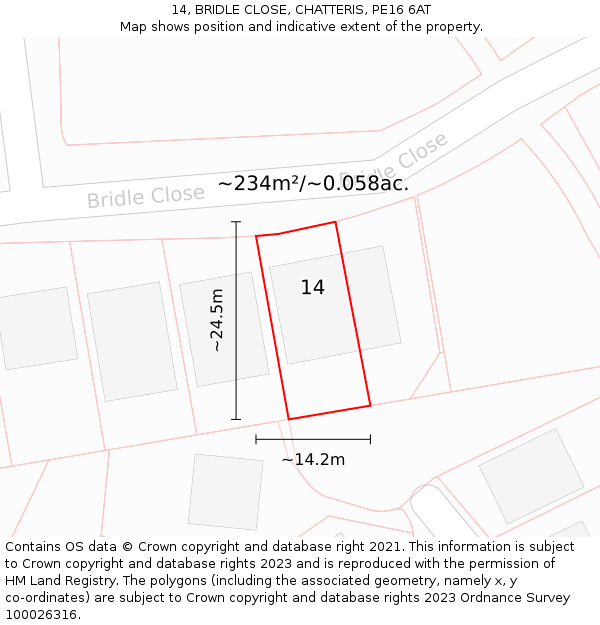 14, BRIDLE CLOSE, CHATTERIS, PE16 6AT: Plot and title map
