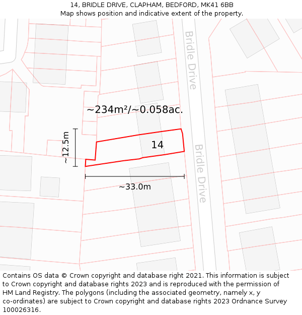 14, BRIDLE DRIVE, CLAPHAM, BEDFORD, MK41 6BB: Plot and title map