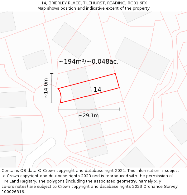 14, BRIERLEY PLACE, TILEHURST, READING, RG31 6FX: Plot and title map