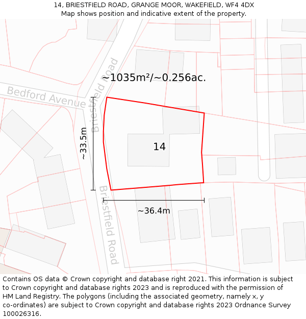14, BRIESTFIELD ROAD, GRANGE MOOR, WAKEFIELD, WF4 4DX: Plot and title map