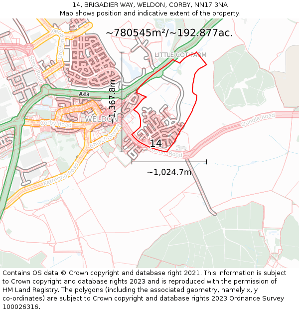 14, BRIGADIER WAY, WELDON, CORBY, NN17 3NA: Plot and title map