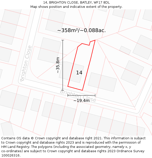 14, BRIGHTON CLOSE, BATLEY, WF17 8DL: Plot and title map