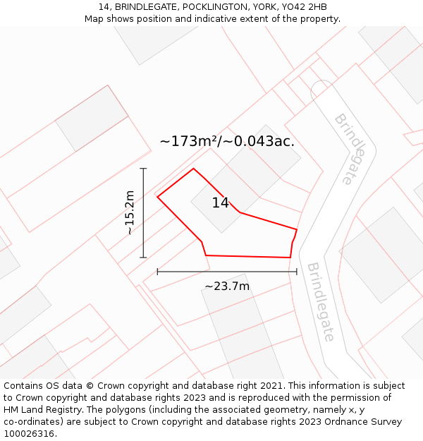 14, BRINDLEGATE, POCKLINGTON, YORK, YO42 2HB: Plot and title map