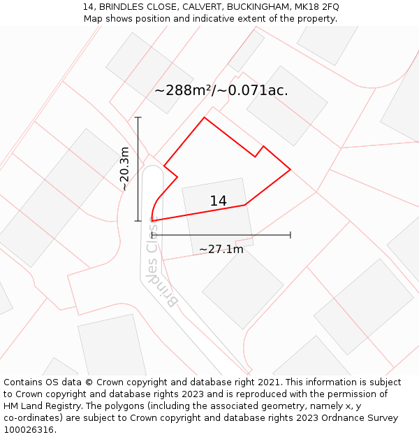 14, BRINDLES CLOSE, CALVERT, BUCKINGHAM, MK18 2FQ: Plot and title map