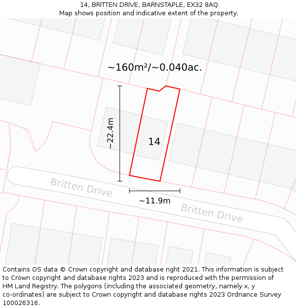 14, BRITTEN DRIVE, BARNSTAPLE, EX32 8AQ: Plot and title map