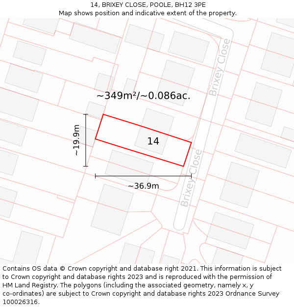 14, BRIXEY CLOSE, POOLE, BH12 3PE: Plot and title map