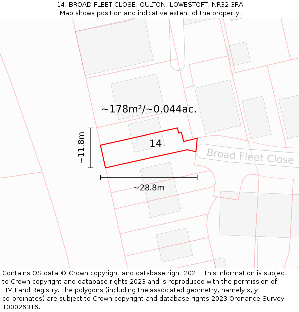 14, BROAD FLEET CLOSE, OULTON, LOWESTOFT, NR32 3RA: Plot and title map