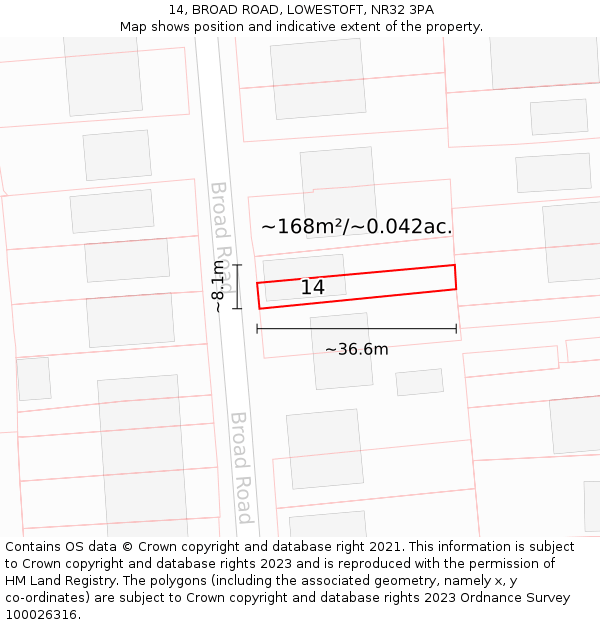 14, BROAD ROAD, LOWESTOFT, NR32 3PA: Plot and title map
