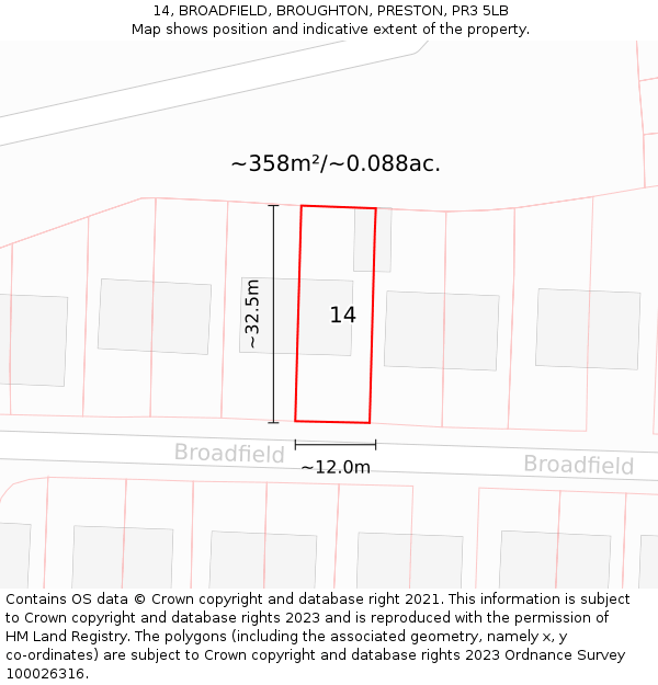 14, BROADFIELD, BROUGHTON, PRESTON, PR3 5LB: Plot and title map