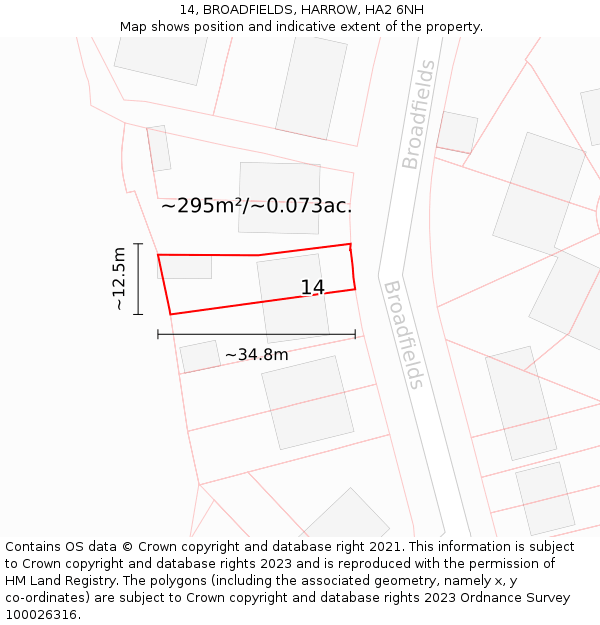 14, BROADFIELDS, HARROW, HA2 6NH: Plot and title map