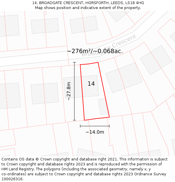 14, BROADGATE CRESCENT, HORSFORTH, LEEDS, LS18 4HG: Plot and title map