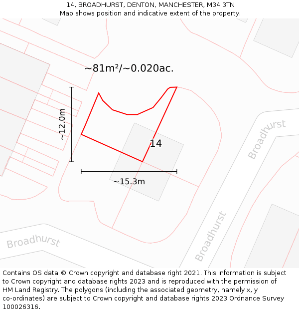 14, BROADHURST, DENTON, MANCHESTER, M34 3TN: Plot and title map