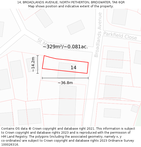 14, BROADLANDS AVENUE, NORTH PETHERTON, BRIDGWATER, TA6 6QR: Plot and title map