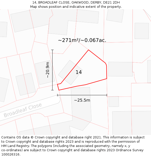 14, BROADLEAF CLOSE, OAKWOOD, DERBY, DE21 2DH: Plot and title map