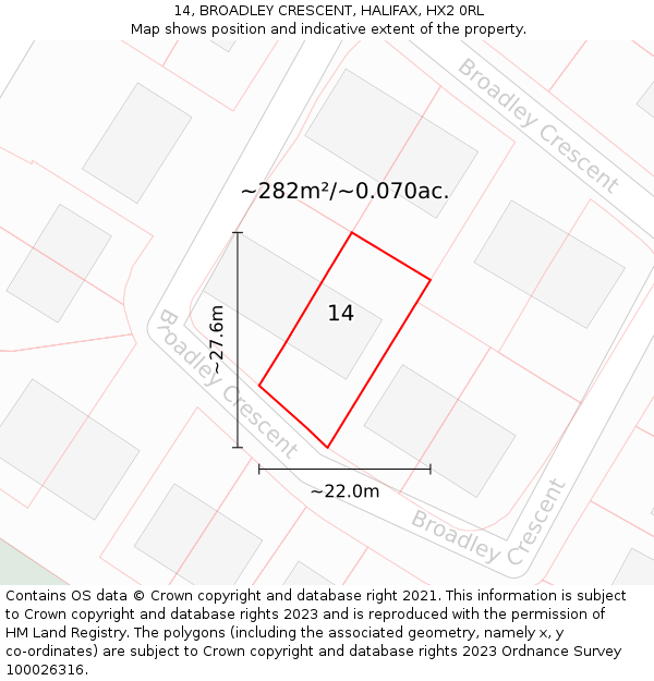 14, BROADLEY CRESCENT, HALIFAX, HX2 0RL: Plot and title map