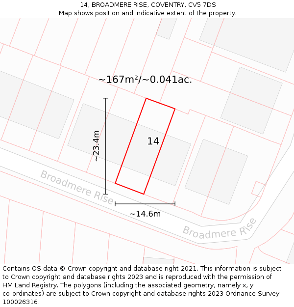 14, BROADMERE RISE, COVENTRY, CV5 7DS: Plot and title map