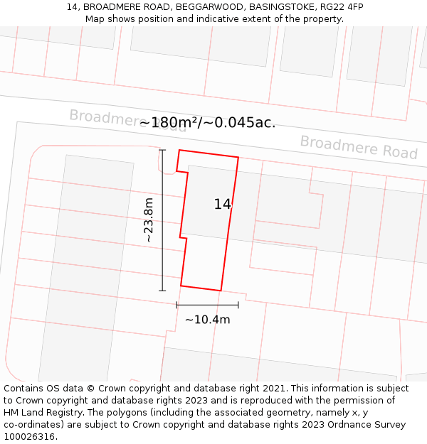 14, BROADMERE ROAD, BEGGARWOOD, BASINGSTOKE, RG22 4FP: Plot and title map
