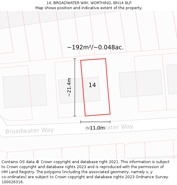 14, BROADWATER WAY, WORTHING, BN14 9LP: Plot and title map