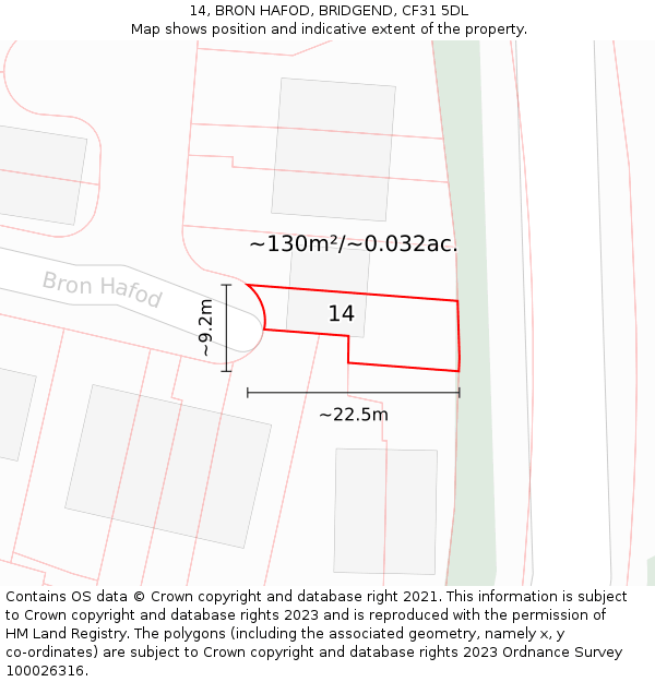 14, BRON HAFOD, BRIDGEND, CF31 5DL: Plot and title map