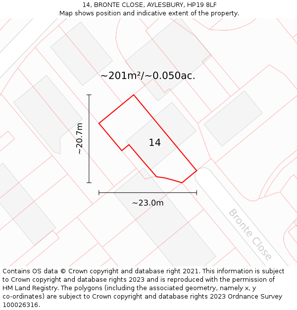 14, BRONTE CLOSE, AYLESBURY, HP19 8LF: Plot and title map