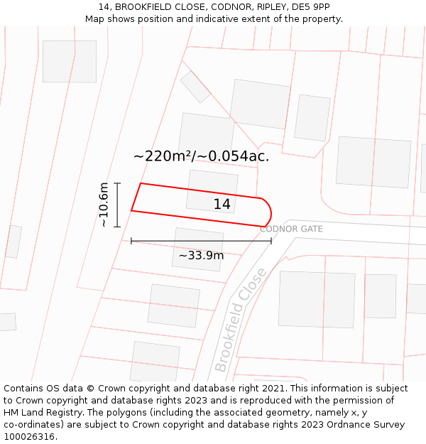 14, BROOKFIELD CLOSE, CODNOR, RIPLEY, DE5 9PP: Plot and title map