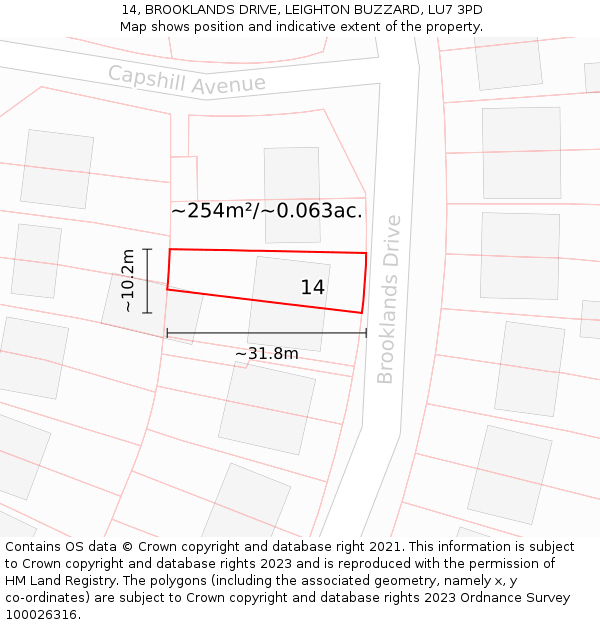 14, BROOKLANDS DRIVE, LEIGHTON BUZZARD, LU7 3PD: Plot and title map