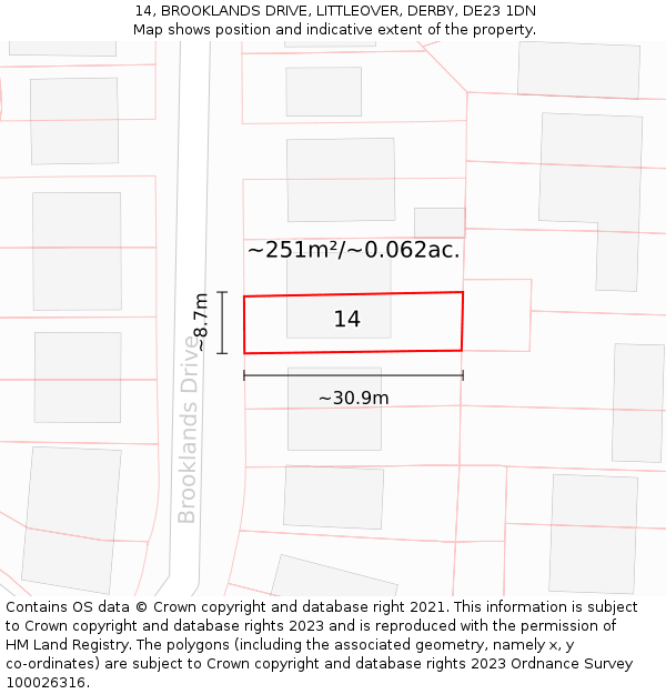 14, BROOKLANDS DRIVE, LITTLEOVER, DERBY, DE23 1DN: Plot and title map