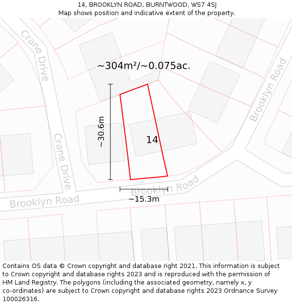 14, BROOKLYN ROAD, BURNTWOOD, WS7 4SJ: Plot and title map